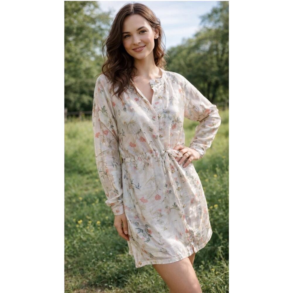 5558)J Jill Linen Blend Semi Sheer Feminin Floral Voile Tunic Shirt Dress L Tall